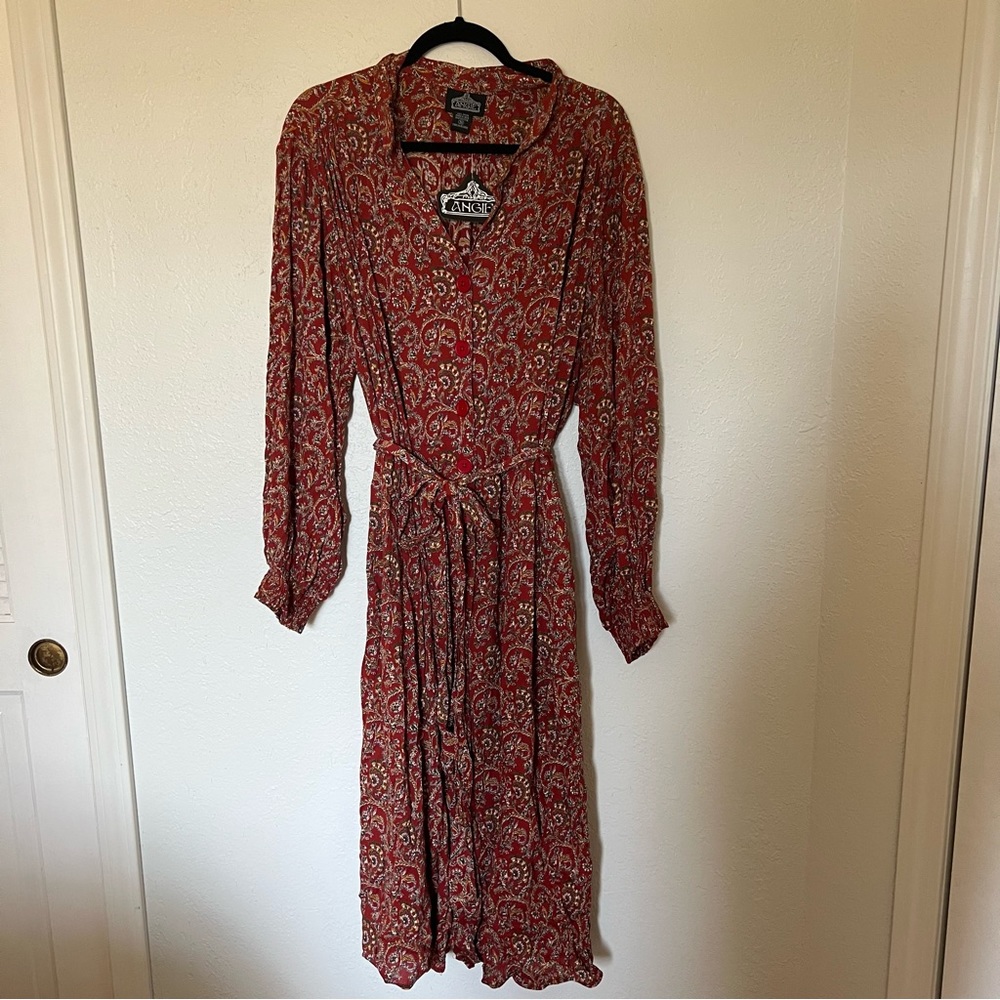 NWT Angie Button Front Paisley Rust Midi Dress with Tie Belt 3X